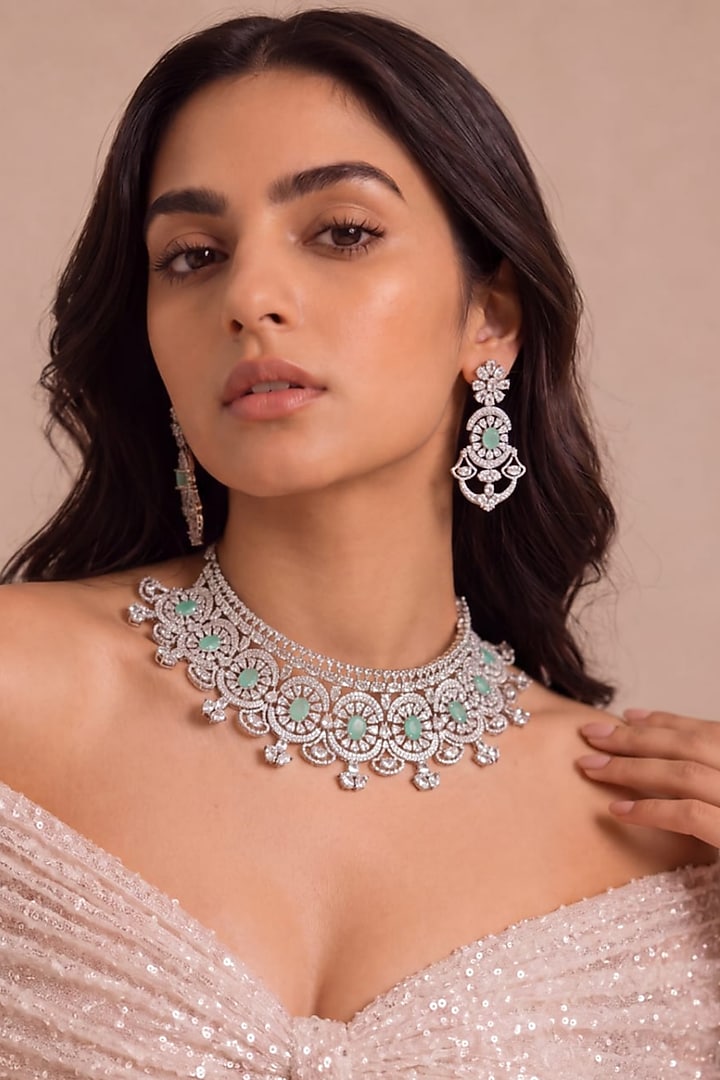 White Rhodium Finish Mint Stone Choker Necklace Set by MNSH at Pernia's Pop Up Shop