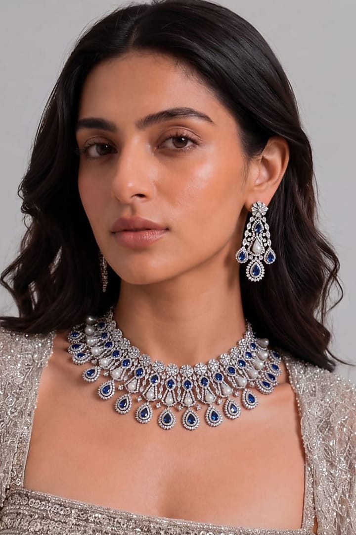 White Rhodium Finish Diamond & Sapphire Stone Choker Necklace Set by MNSH at Pernia's Pop Up Shop
