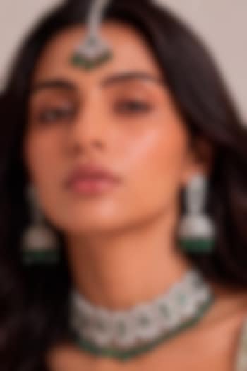 White Rhodium Finish Diamond & Emerald Stone Choker Necklace Set by MNSH at Pernia's Pop Up Shop