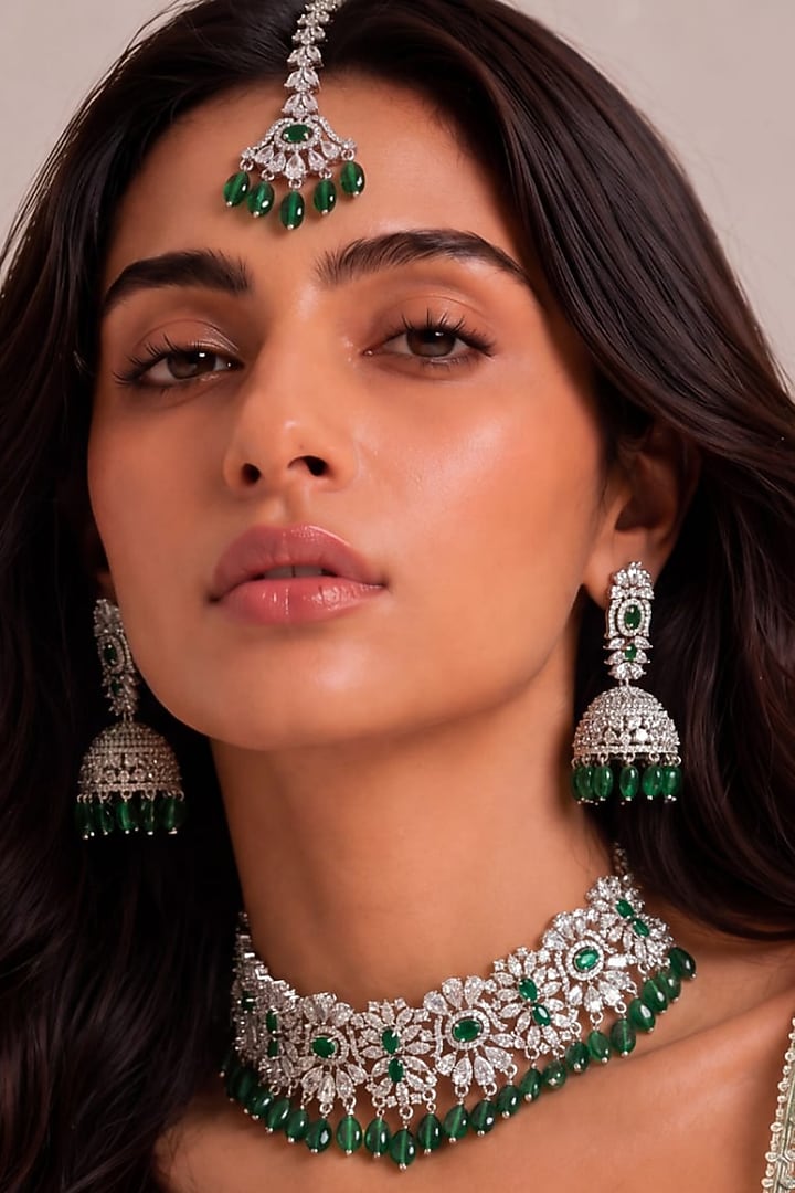 White Rhodium Finish Diamond & Emerald Stone Choker Necklace Set by MNSH at Pernia's Pop Up Shop