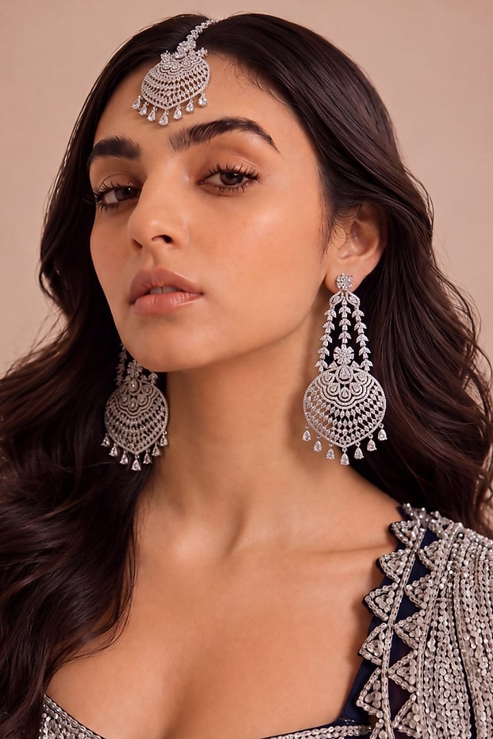 White Rhodium Finish Zircon Dangler Earrings With Maangtikka by MNSH at Pernia's Pop Up Shop