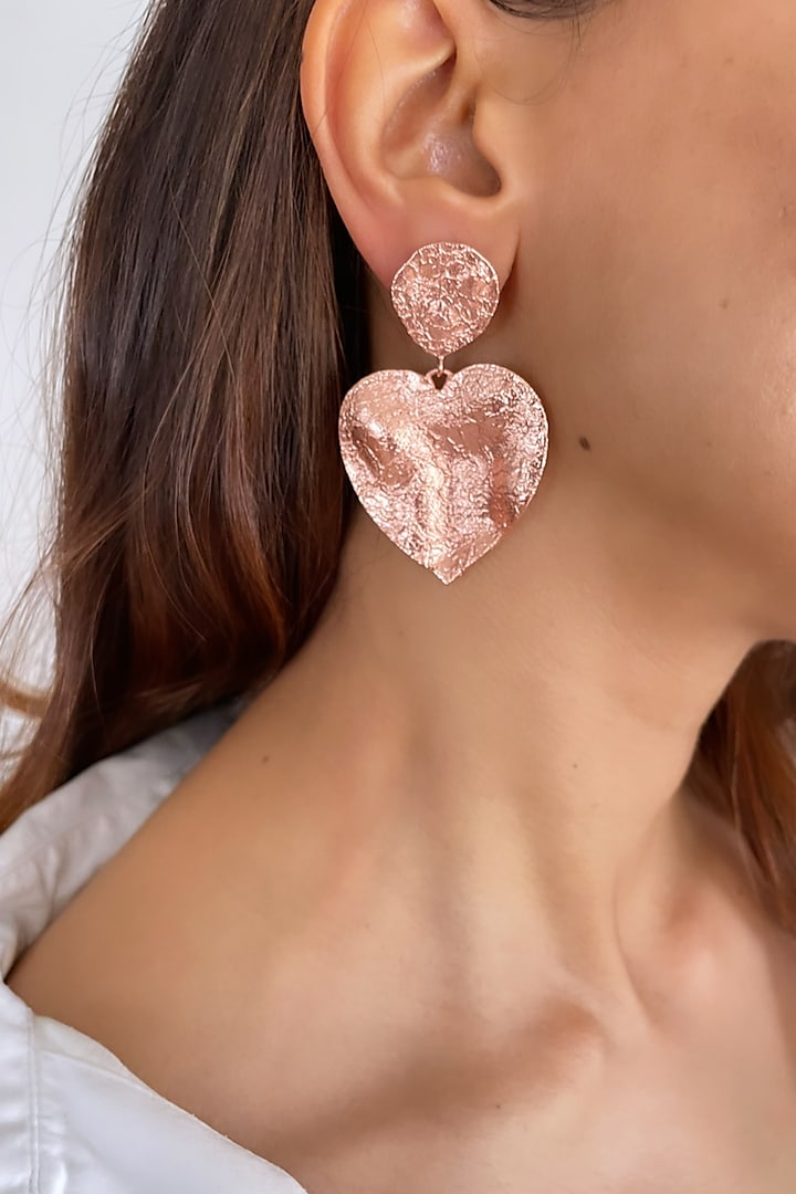 Rose Gold Finish Pink Textured Heart Earrings by MNSH