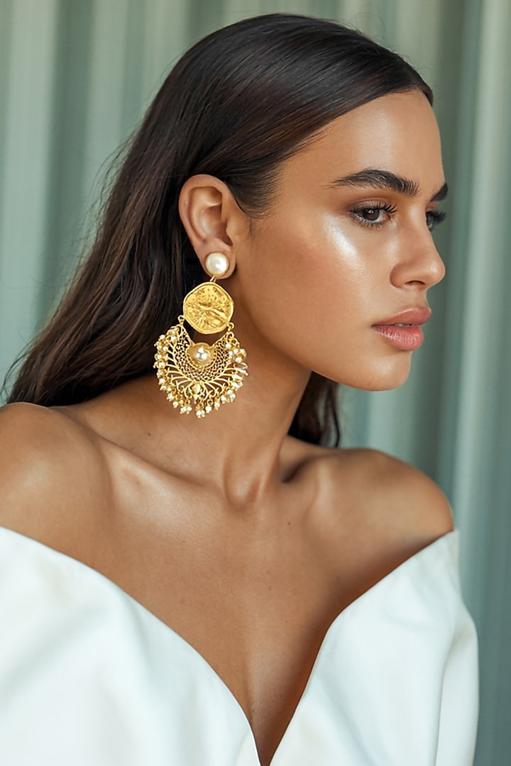 Gold Plated Pearl Jhumka Earrings by MNSH at Pernia's Pop Up Shop
