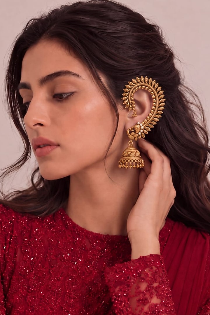 Gold Finish Peacock Temple Earcuffs by MNSH at Pernia's Pop Up Shop