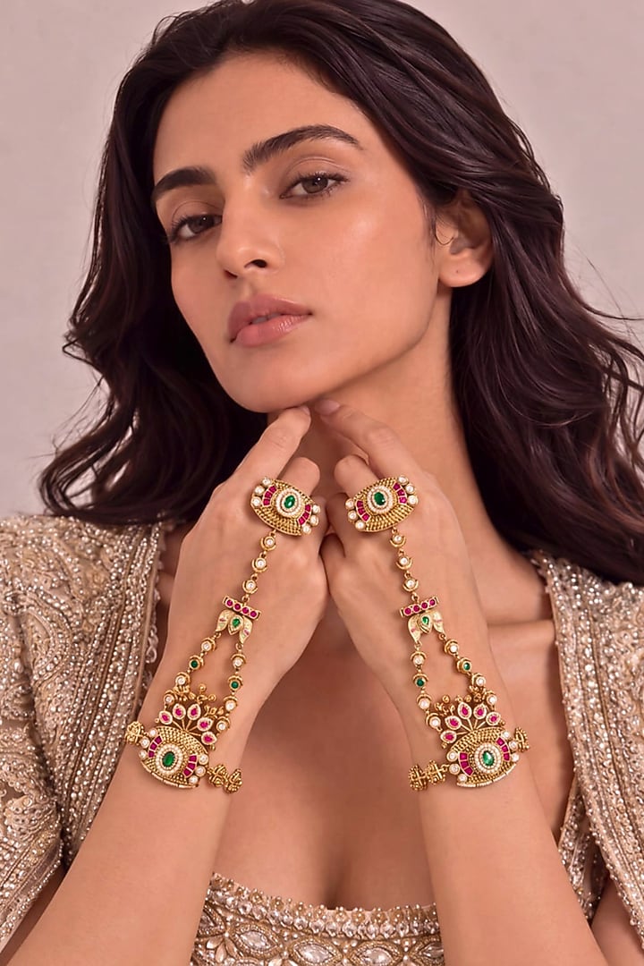 Gold Finish Pink & Green Stone Haathphools (Set Of 2) by MNSH at Pernia's Pop Up Shop