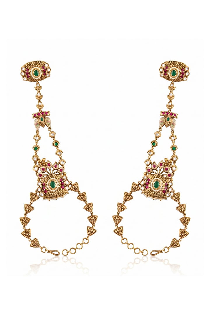 Gold Finish Pink & Green Stone Haathphools (Set Of 2) by MNSH at Pernia's Pop Up Shop