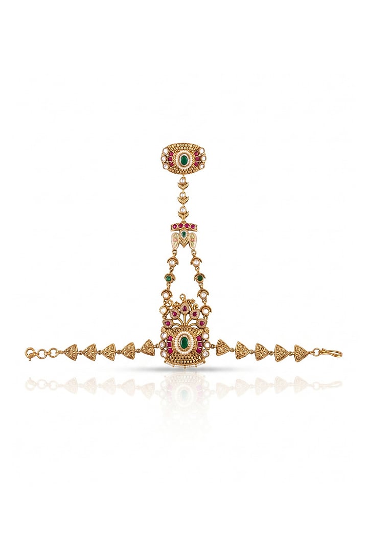 Gold Finish Pink & Green Stone Haathphools (Set Of 2) by MNSH at Pernia's Pop Up Shop