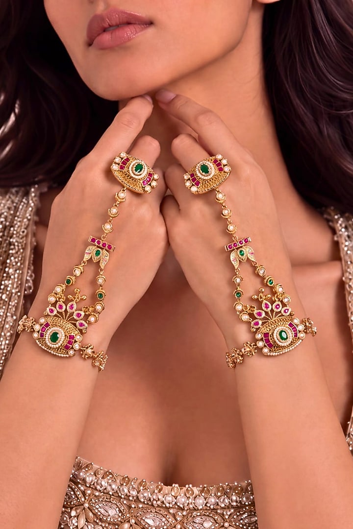 Gold Finish Pink & Green Stone Haathphools (Set Of 2) by MNSH at Pernia's Pop Up Shop