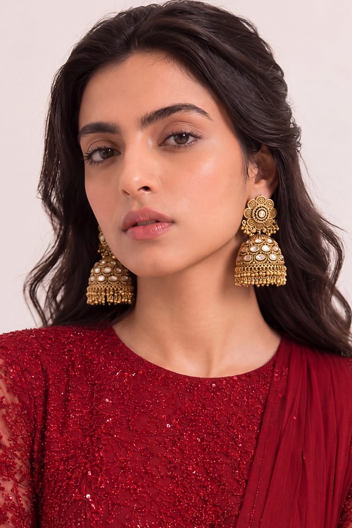 Antique Gold Finish Mirror Jhumka Earrings by MNSH at Pernia's Pop Up Shop