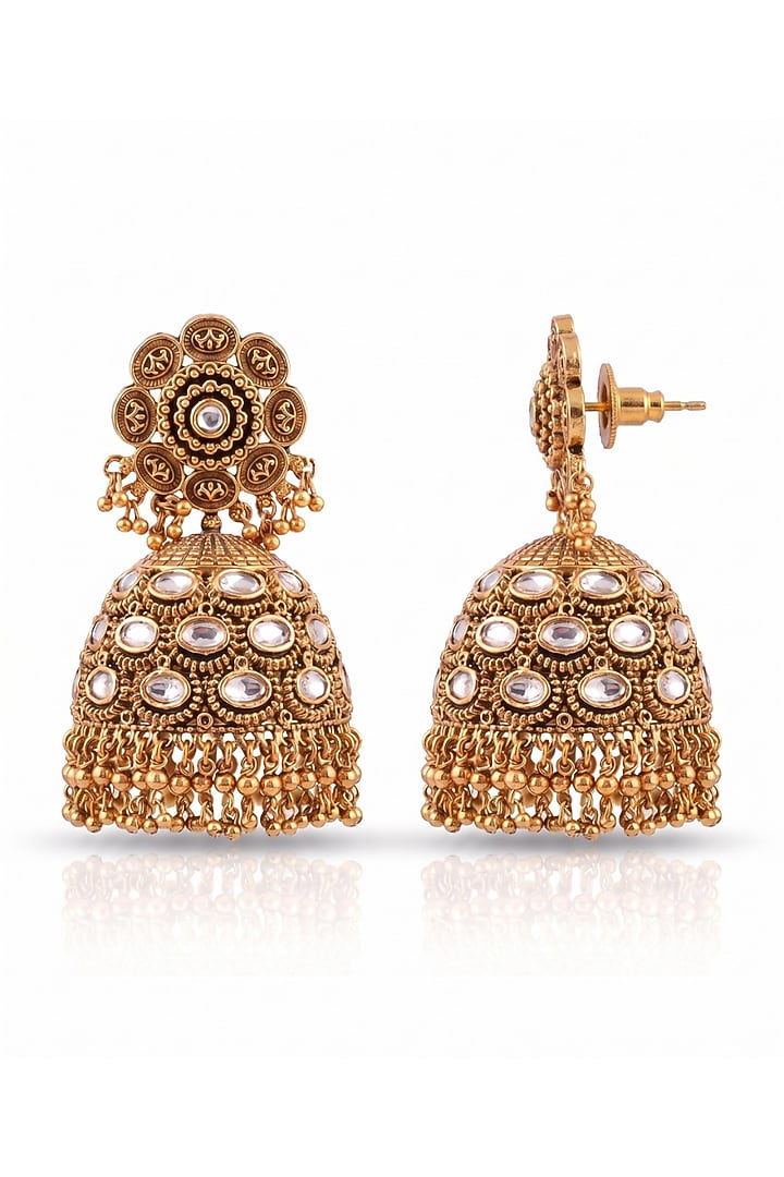 Antique Gold Finish Mirror Jhumka Earrings by MNSH at Pernia's Pop Up Shop