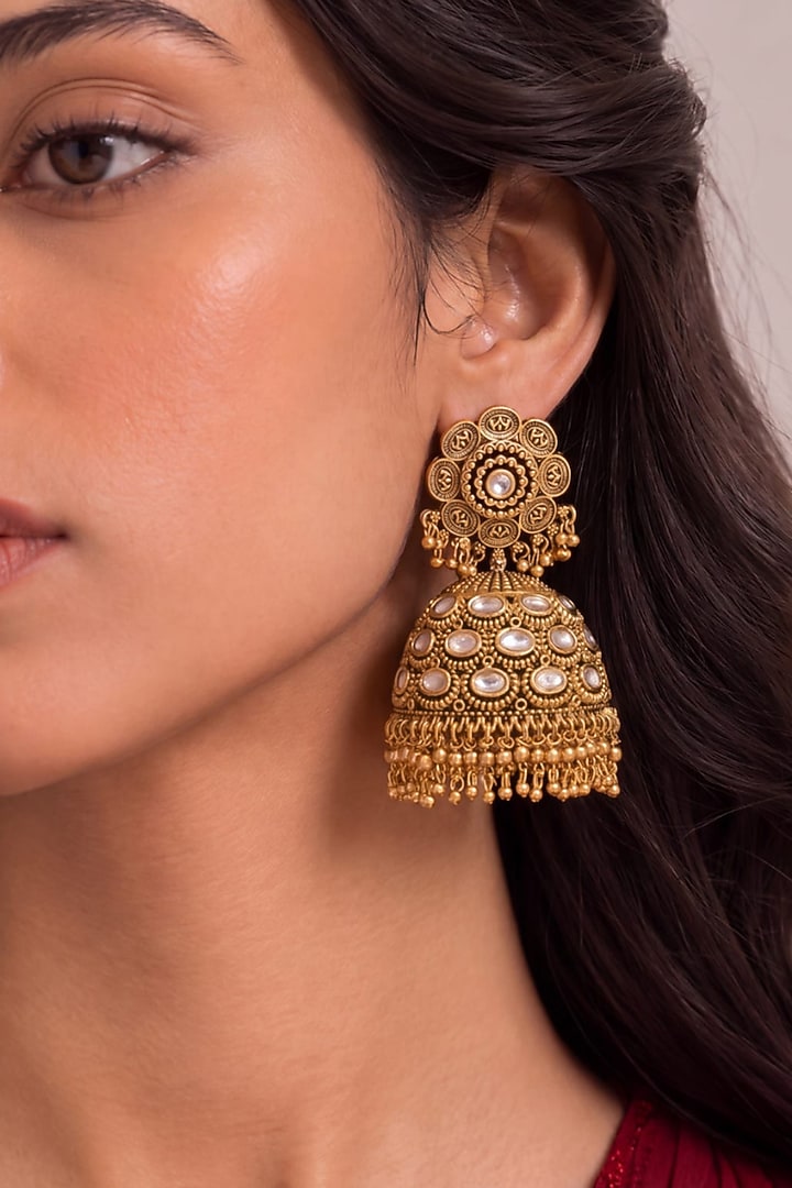 Antique Gold Finish Mirror Jhumka Earrings by MNSH at Pernia's Pop Up Shop