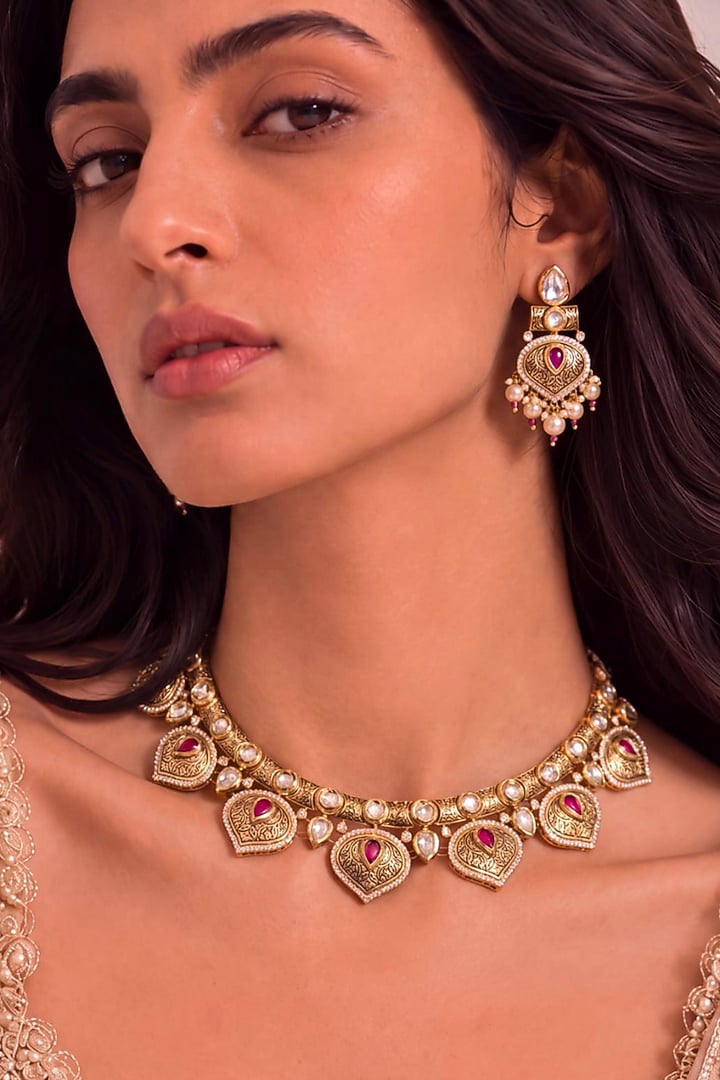 Antique Gold Finish Rani Bagh Necklace Set by MNSH at Pernia's Pop Up Shop