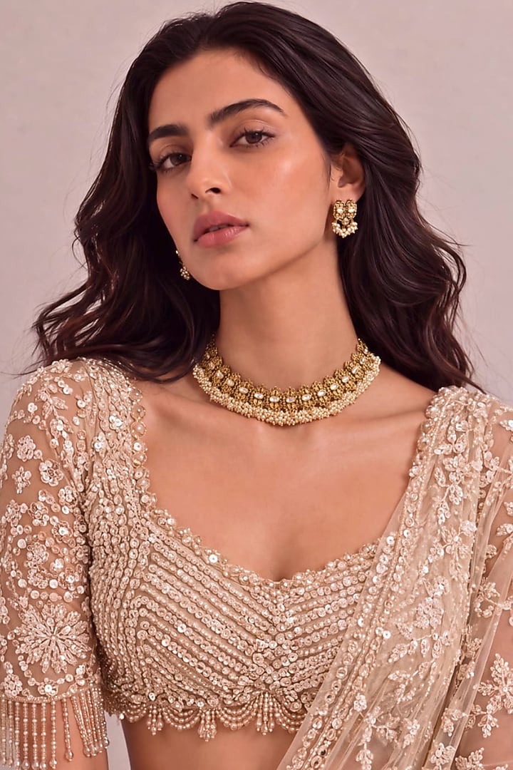 Antique Gold Finish Pearl Temple Necklace Set by MNSH at Pernia's Pop Up Shop