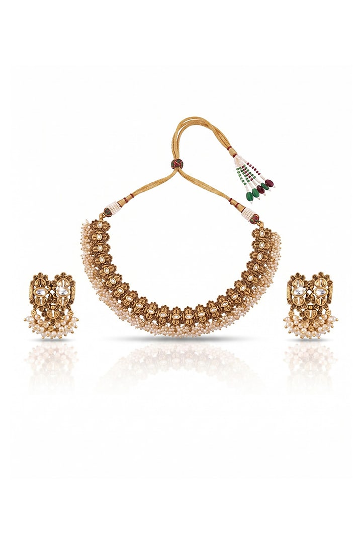 Antique Gold Finish Pearl Temple Necklace Set by MNSH at Pernia's Pop Up Shop