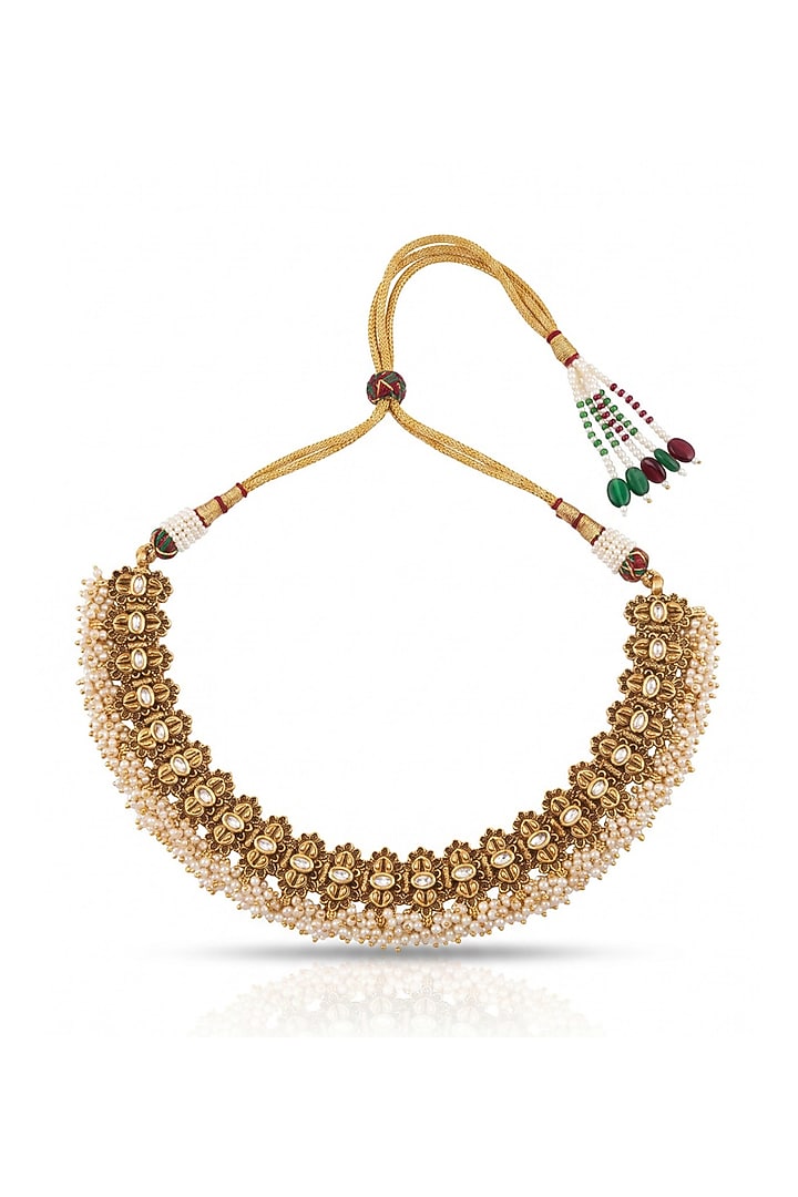 Antique Gold Finish Pearl Temple Necklace Set by MNSH at Pernia's Pop Up Shop