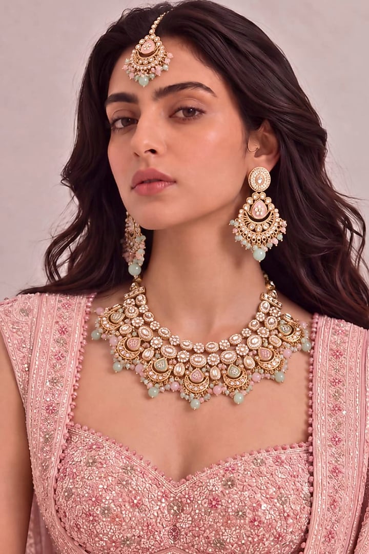Gold Finish Baby Pink & Mint Green Stone Necklace Set by MNSH at Pernia's Pop Up Shop