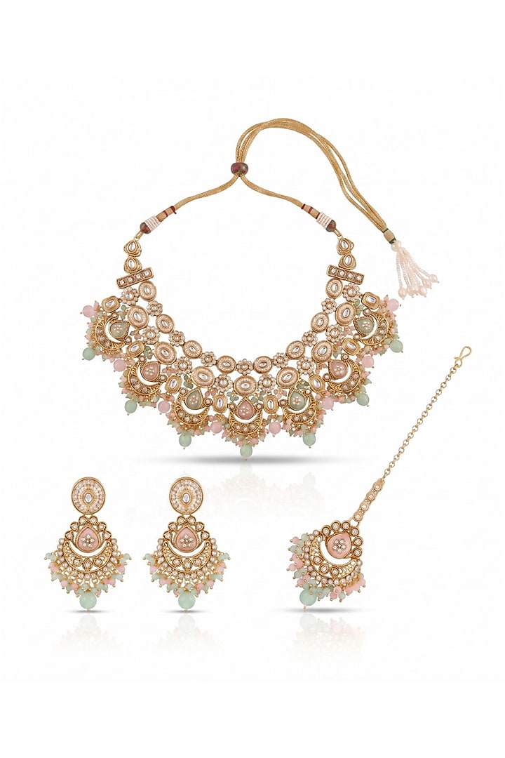 Gold Finish Baby Pink & Mint Green Stone Necklace Set by MNSH at Pernia's Pop Up Shop