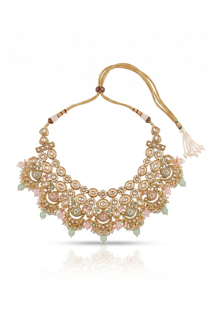 Gold Finish Baby Pink & Mint Green Stone Necklace Set by MNSH at Pernia's Pop Up Shop