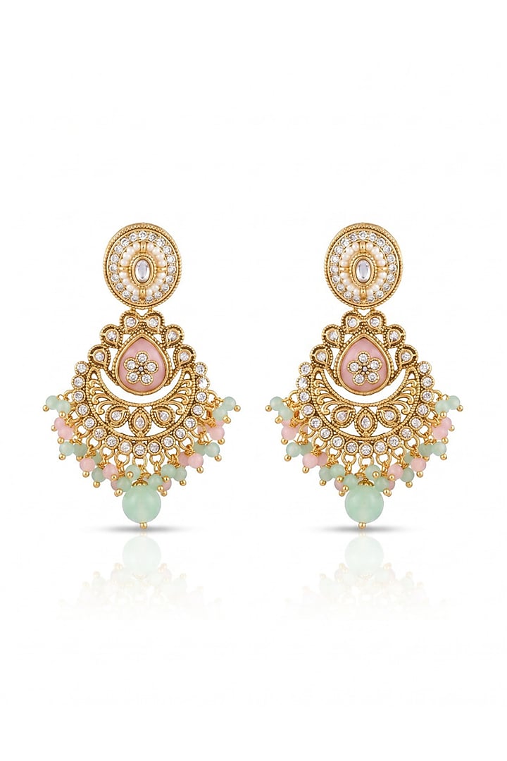 Gold Finish Baby Pink & Mint Green Stone Necklace Set by MNSH at Pernia's Pop Up Shop
