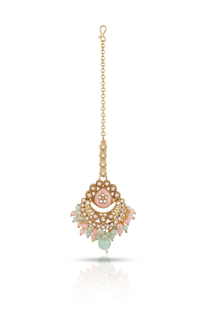 Gold Finish Baby Pink & Mint Green Stone Necklace Set by MNSH at Pernia's Pop Up Shop