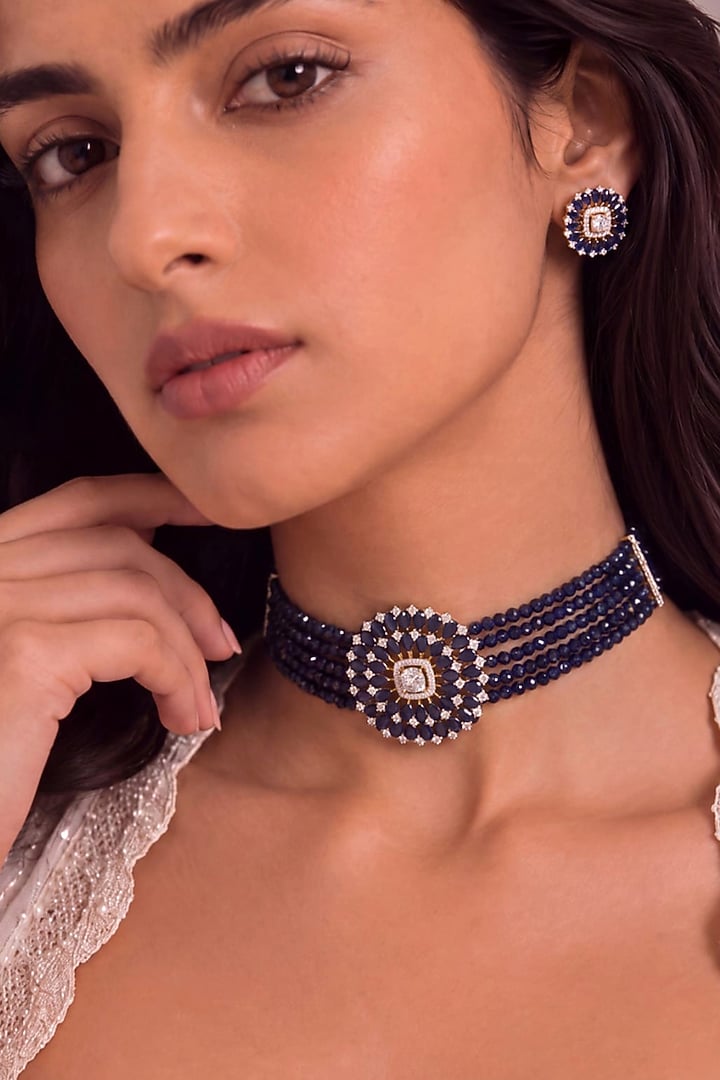 Gold Finish Sapphire Stone Choker Necklace Set by MNSH at Pernia's Pop Up Shop