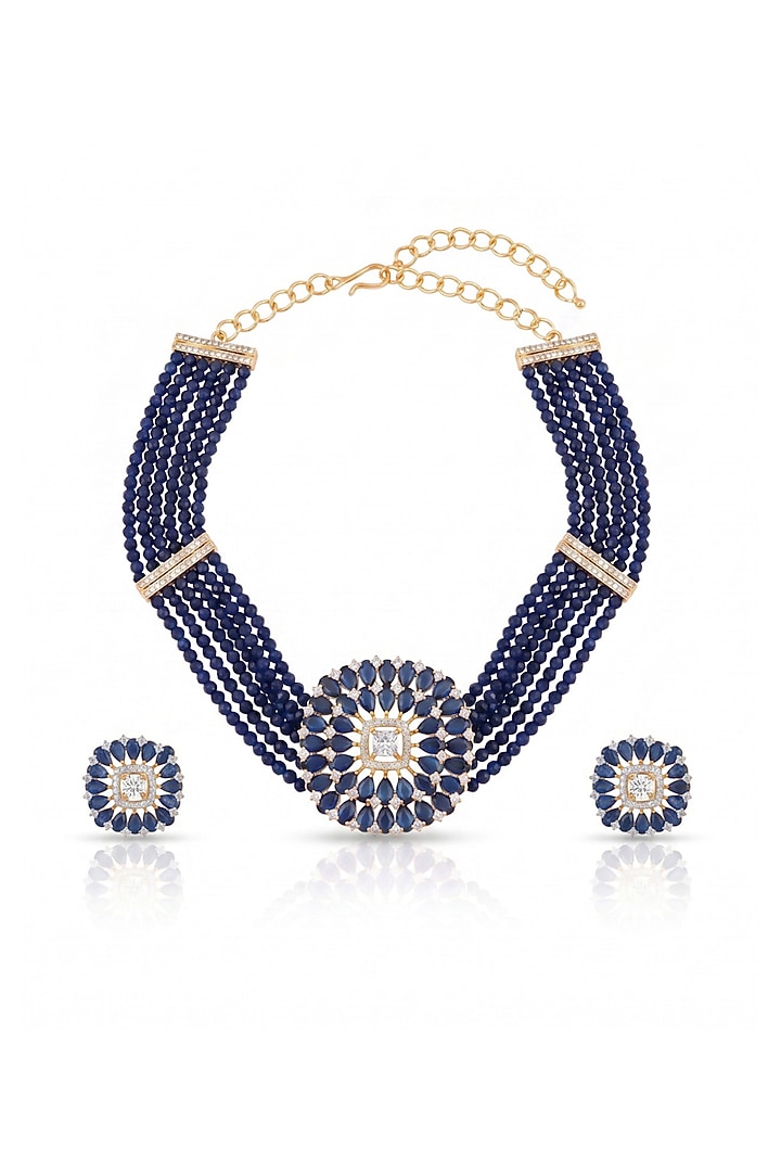 Gold Finish Sapphire Stone Choker Necklace Set by MNSH at Pernia's Pop Up Shop
