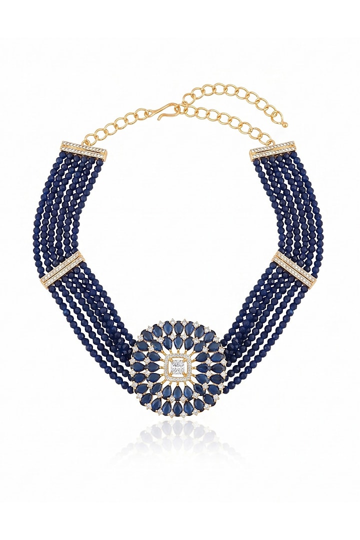Gold Finish Sapphire Stone Choker Necklace Set by MNSH at Pernia's Pop Up Shop