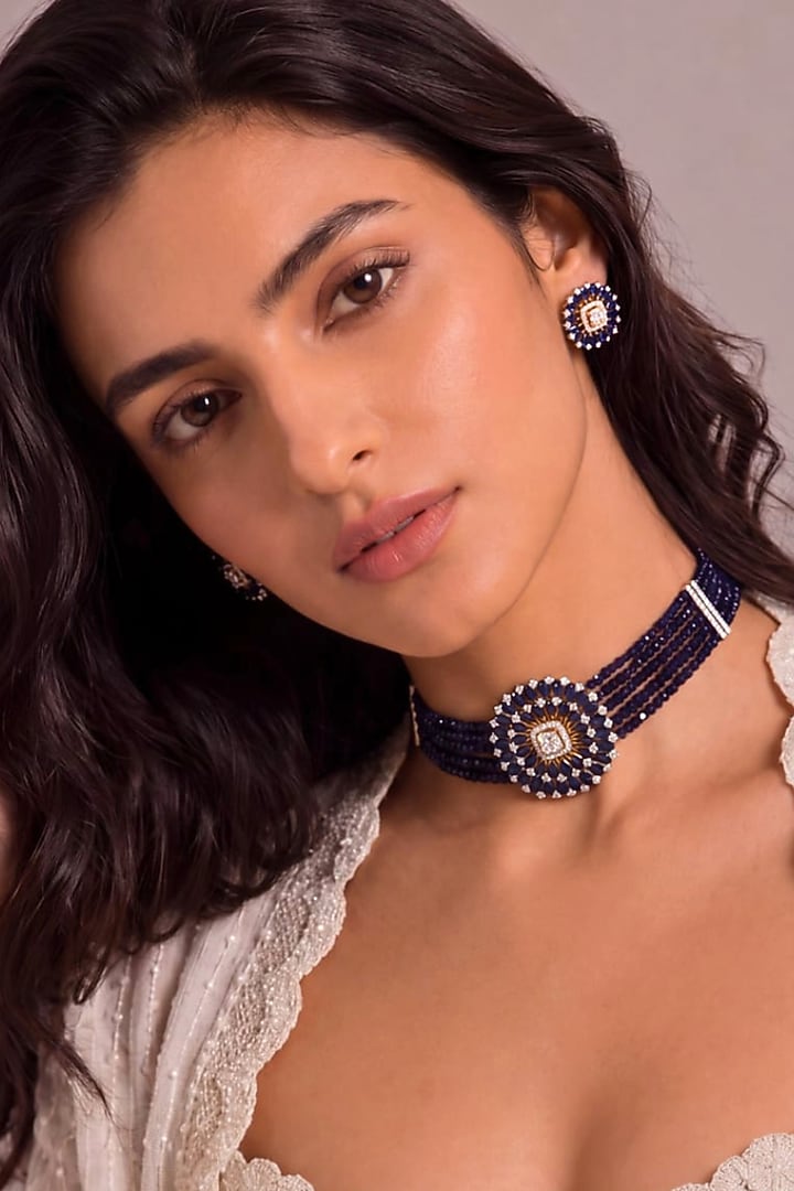 Gold Finish Sapphire Stone Choker Necklace Set by MNSH at Pernia's Pop Up Shop