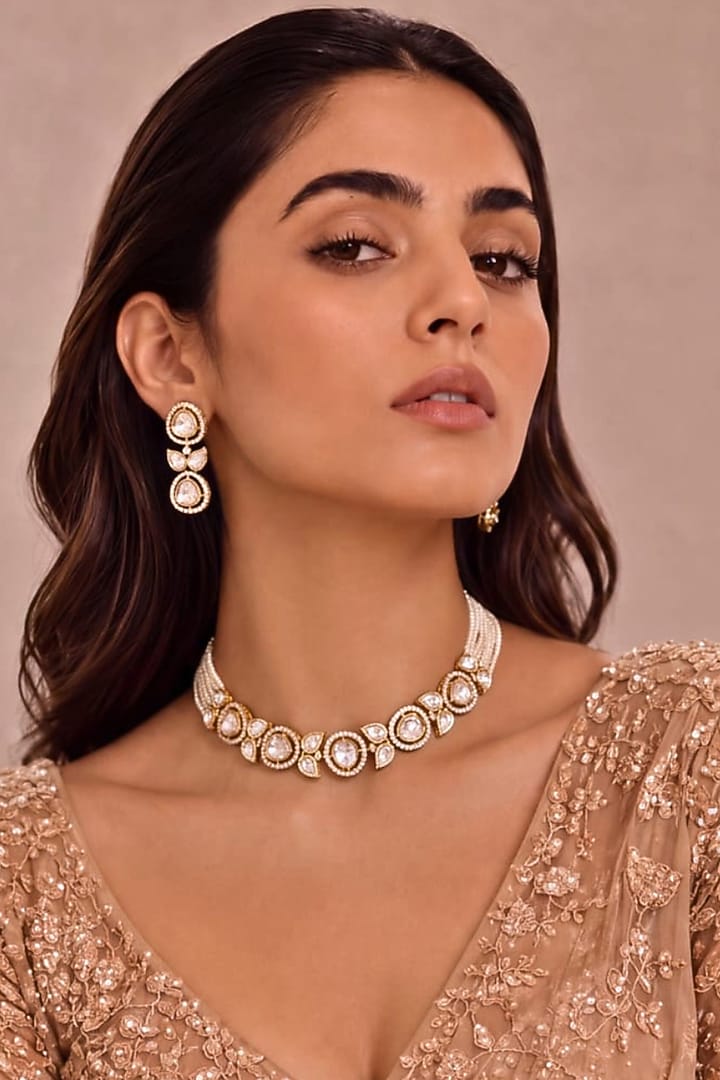 Gold Finish Moti Kundan Polki Choker Necklace Set by MNSH at Pernia's Pop Up Shop