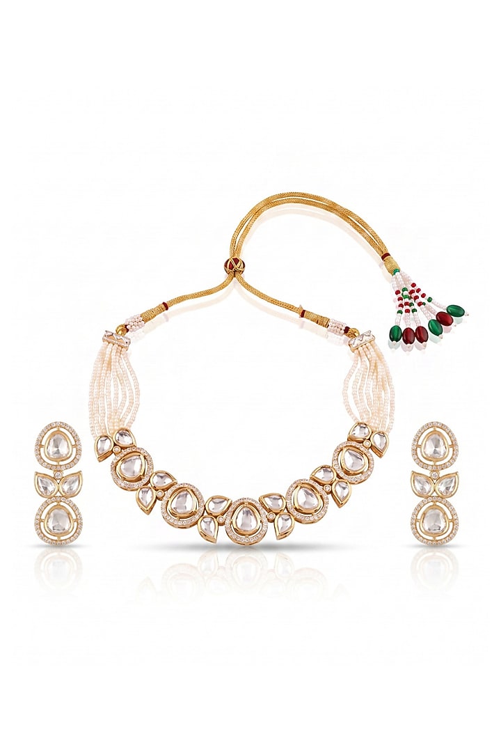 Gold Finish Moti Kundan Polki Choker Necklace Set by MNSH at Pernia's Pop Up Shop