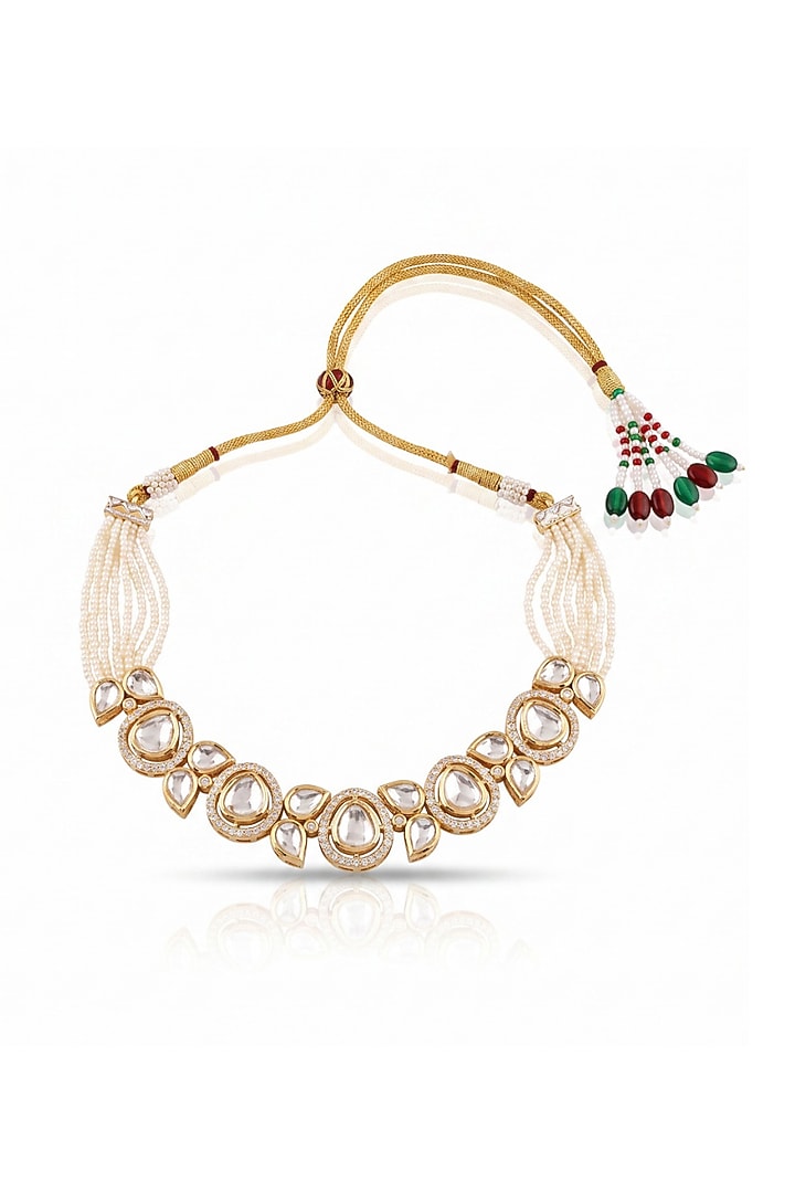Gold Finish Moti Kundan Polki Choker Necklace Set by MNSH at Pernia's Pop Up Shop