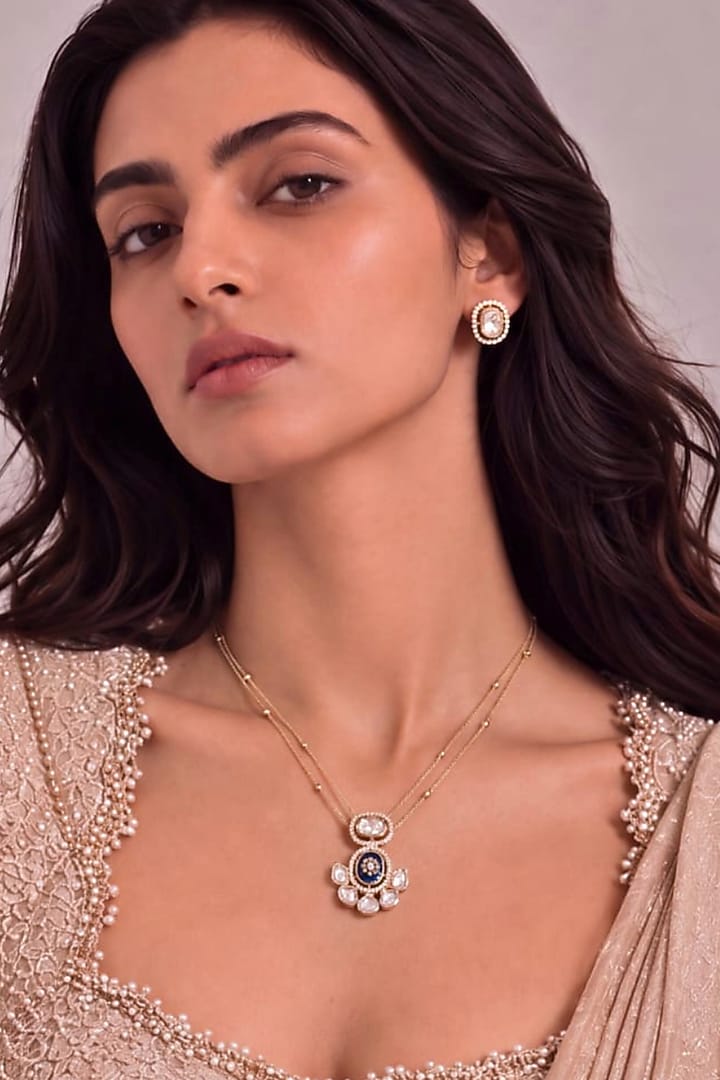 Gold Finish Sapphire Kundan Polki Layered Necklace Set by MNSH at Pernia's Pop Up Shop