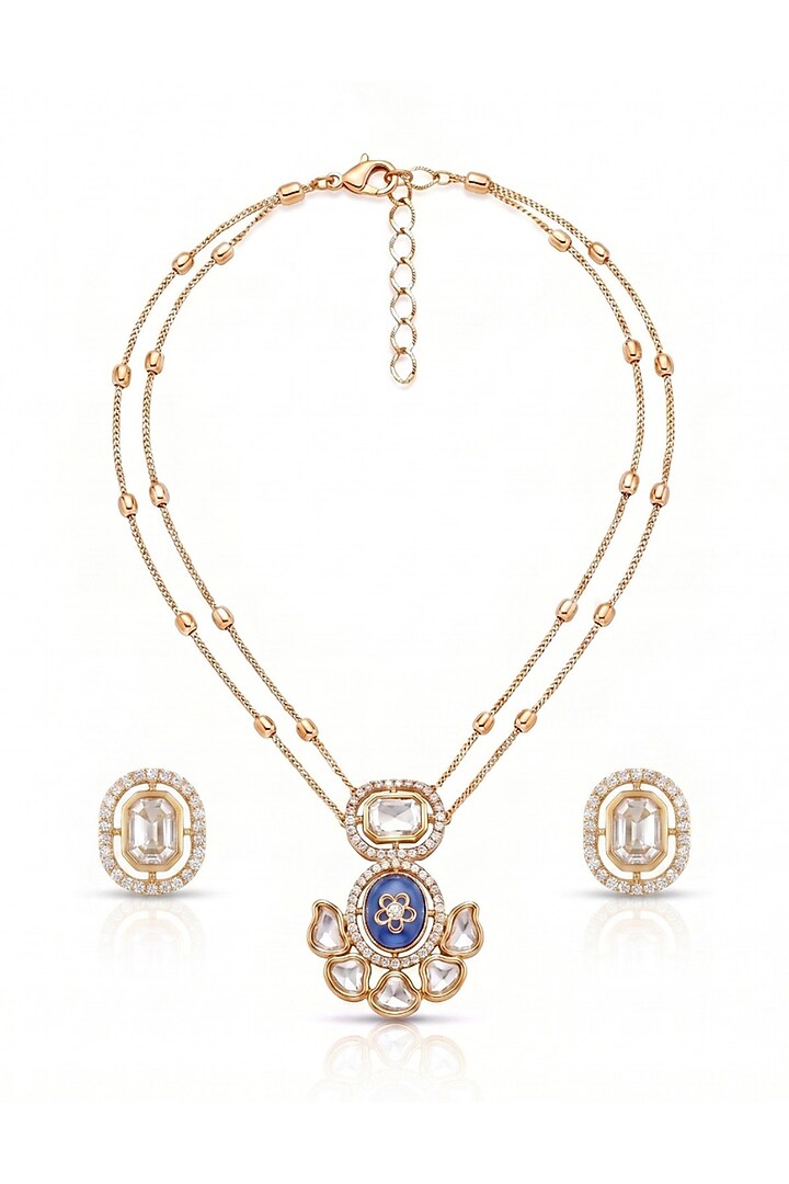 Gold Finish Sapphire Kundan Polki Layered Necklace Set by MNSH at Pernia's Pop Up Shop