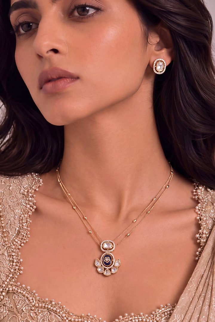 Gold Finish Sapphire Kundan Polki Layered Necklace Set by MNSH at Pernia's Pop Up Shop
