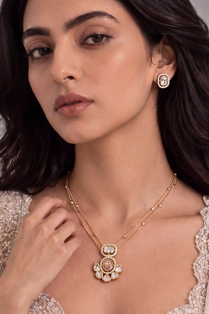 Gold Finish Pink Kundan Polki Layered Necklace Set by MNSH at Pernia's Pop Up Shop