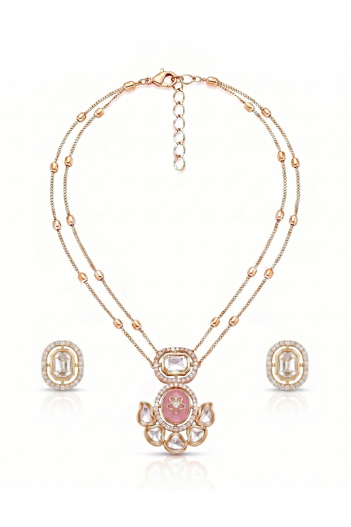 Gold Finish Pink Kundan Polki Layered Necklace Set by MNSH at Pernia's Pop Up Shop