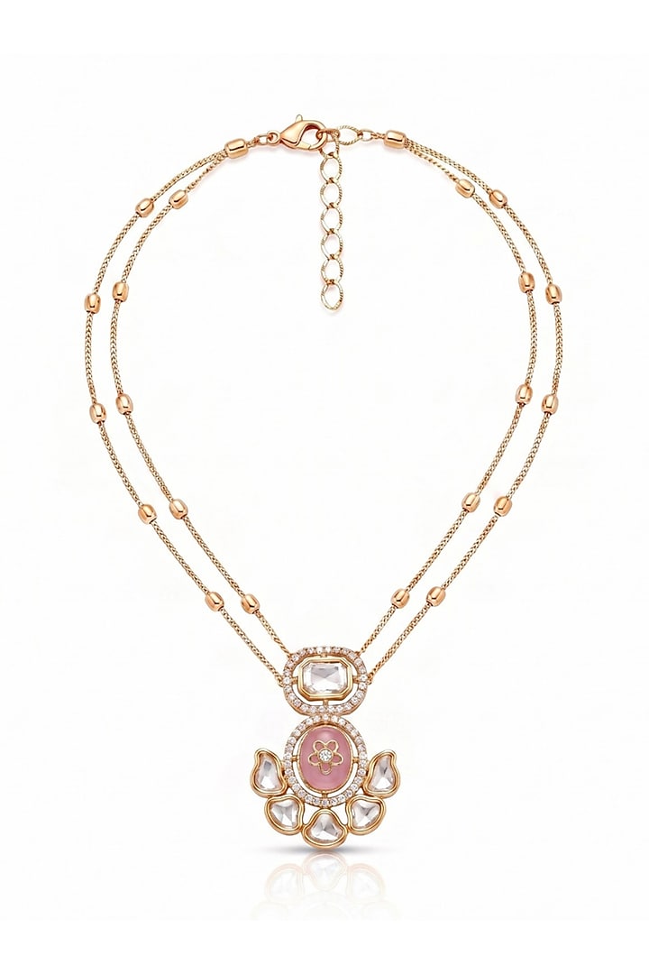 Gold Finish Pink Kundan Polki Layered Necklace Set by MNSH at Pernia's Pop Up Shop