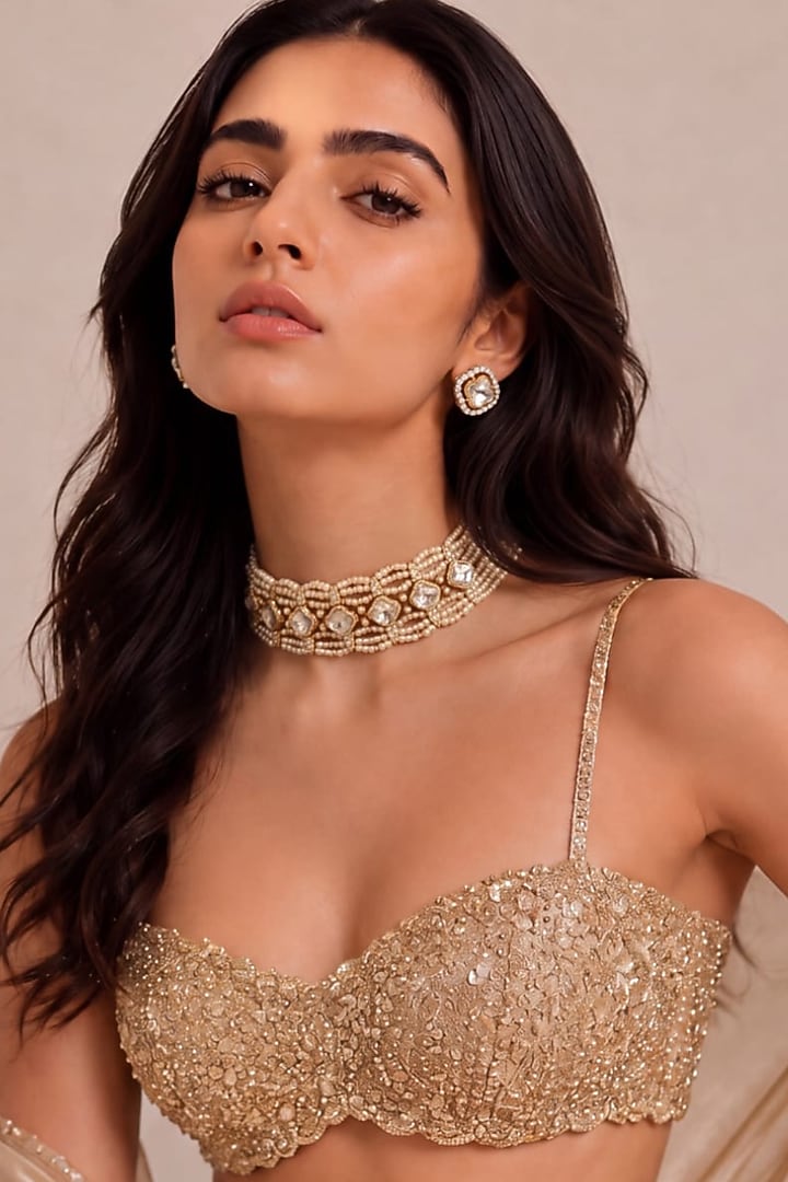 Gold Finish Pearl Choker Necklace Set by MNSH at Pernia's Pop Up Shop