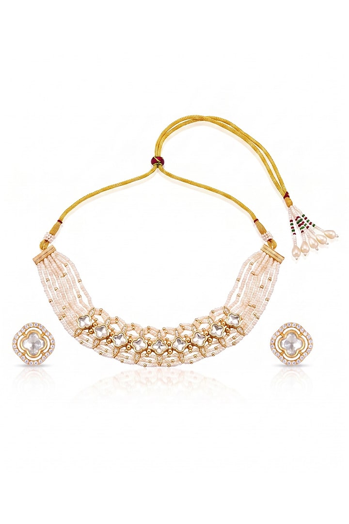 Gold Finish Pearl Choker Necklace Set by MNSH at Pernia's Pop Up Shop