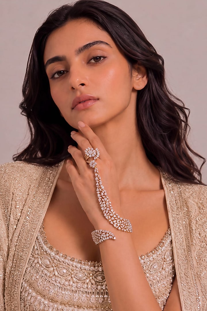 Gold Finish Cubic Zirconia Haathphool by MNSH at Pernia's Pop Up Shop