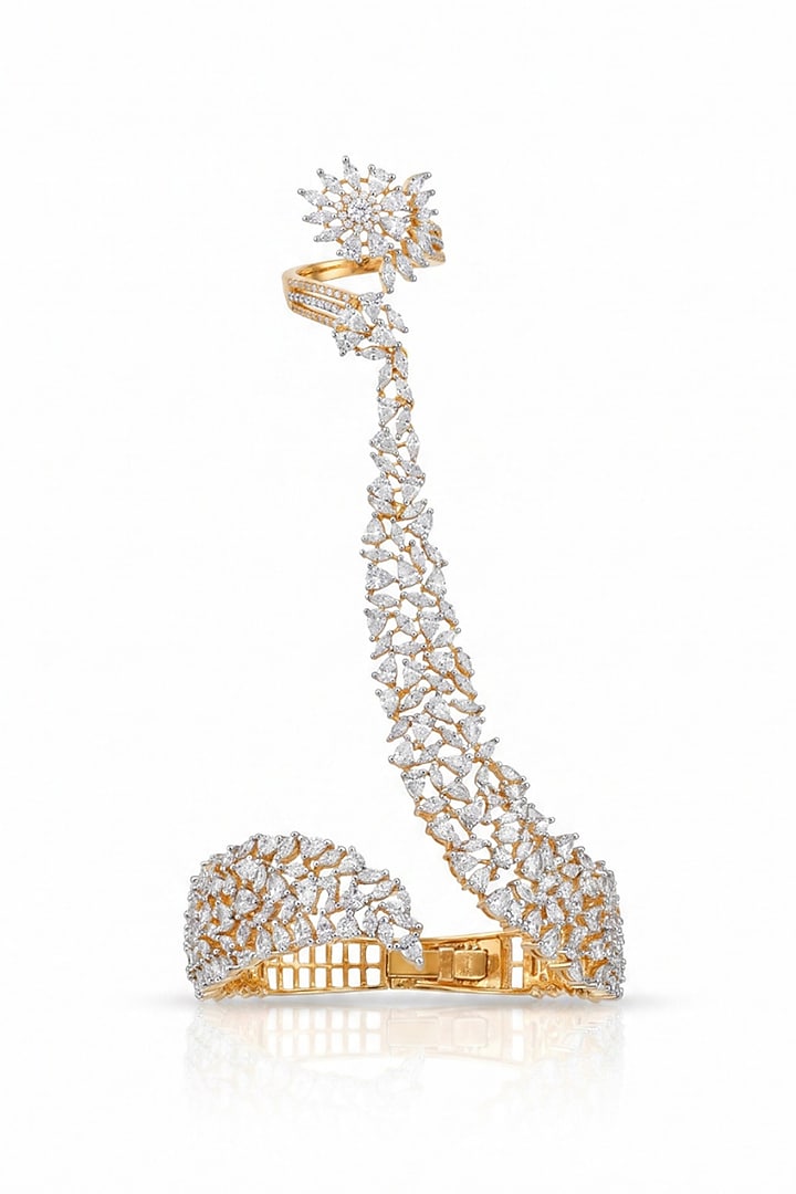 Gold Finish Cubic Zirconia Haathphool by MNSH at Pernia's Pop Up Shop