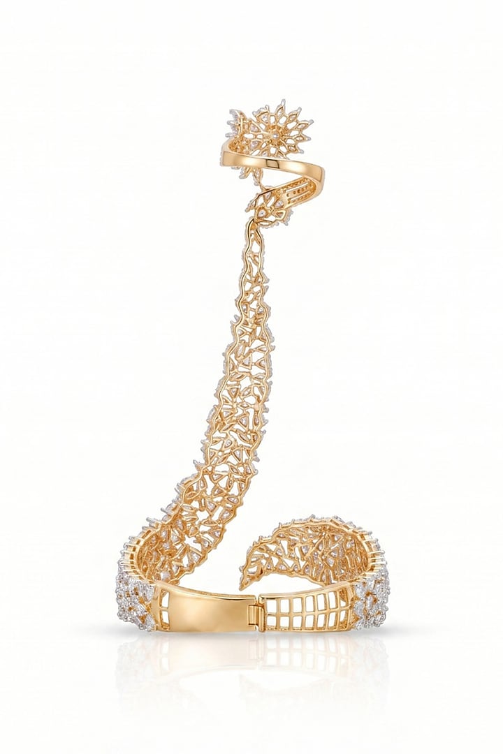 Gold Finish Cubic Zirconia Haathphool by MNSH at Pernia's Pop Up Shop