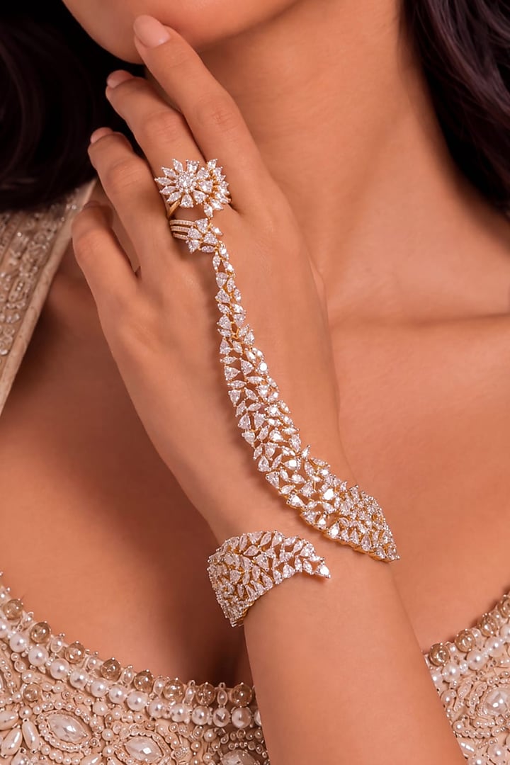 Gold Finish Cubic Zirconia Haathphool by MNSH at Pernia's Pop Up Shop