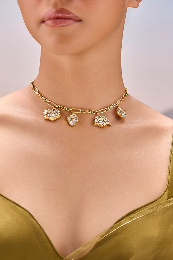 Gold Plated Kundan Polki Charm Necklace by MNSH at Pernia's Pop Up Shop