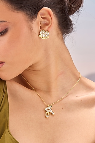 Gold Plated Kundan Polki M Initial Necklace by MNSH