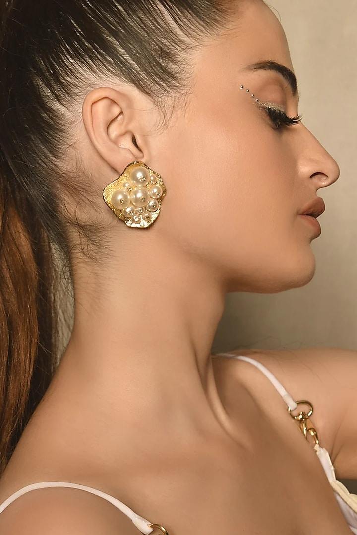 Gold Finish CZ Stone & Pearl Stud Earrings by MNSH