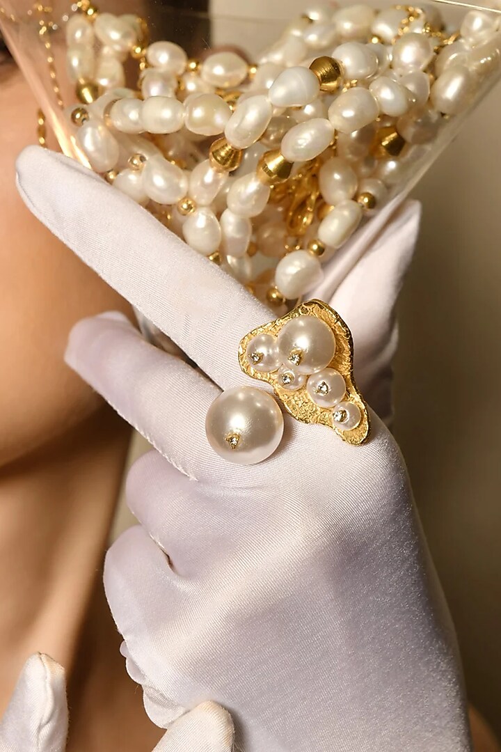 Gold Finish Pearl & Diamond Ring by MNSH