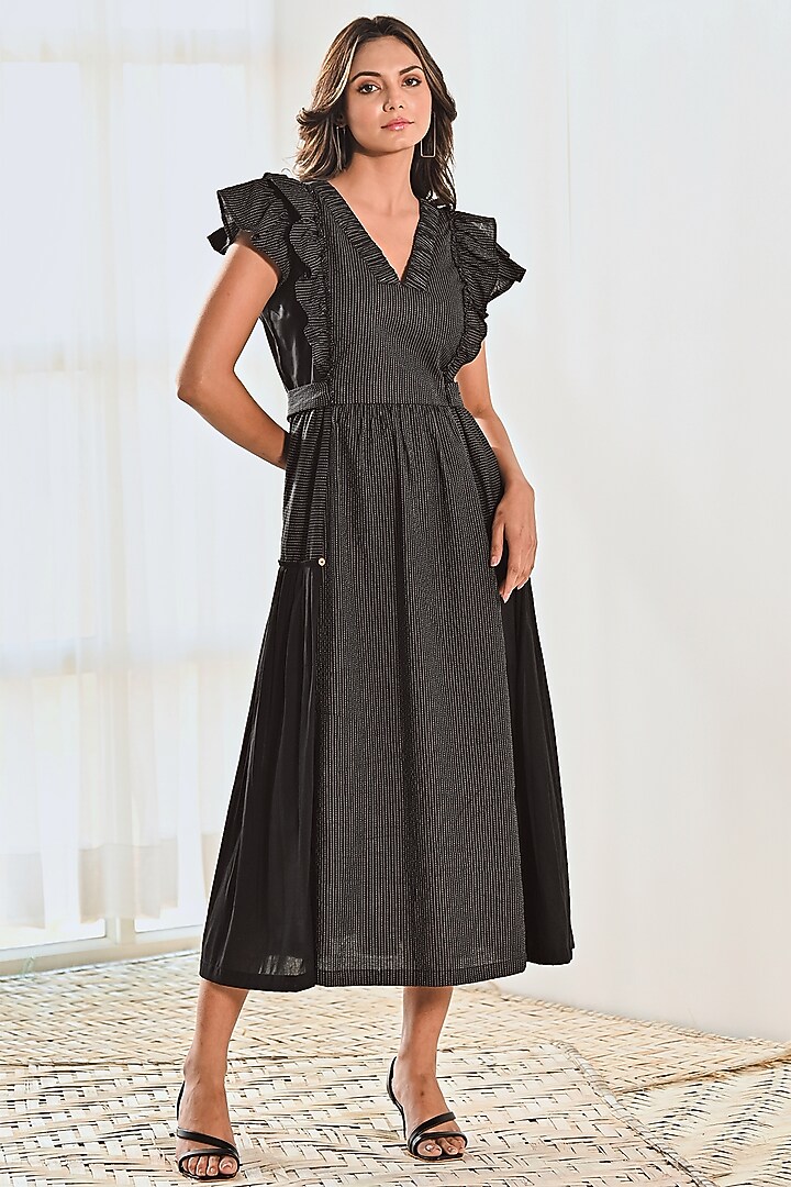 Black Cotton Pleated Midi Summer Dress by MoonTara at Pernia's Pop Up Shop