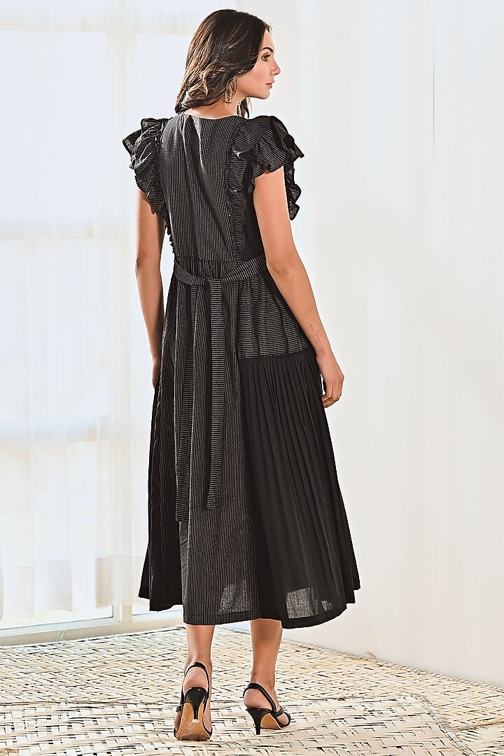 Black Cotton Pleated Midi Summer Dress by MoonTara at Pernia's Pop Up Shop