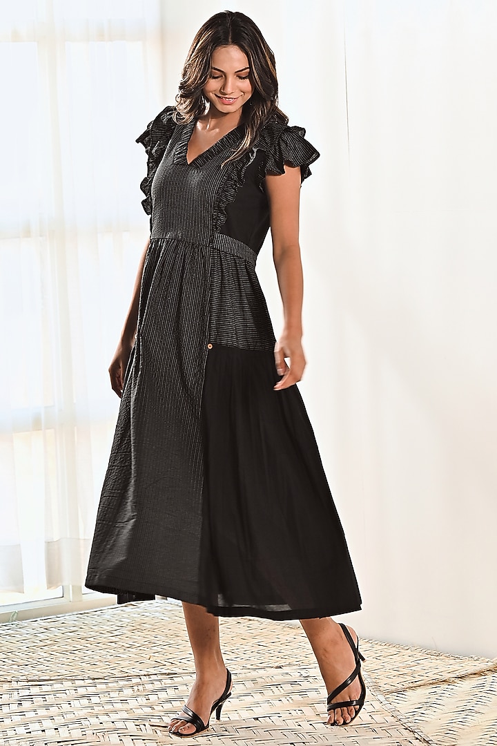 Black Cotton Pleated Midi Summer Dress by MoonTara at Pernia's Pop Up Shop
